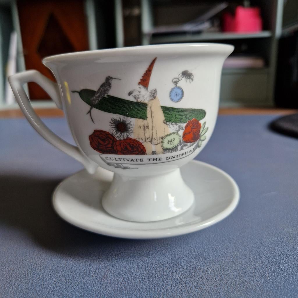 Hendricks gin -theekop met schotel - "Cultivate the Unusual", Ophalen of Verzenden, Zo goed als nieuw, Gebruiksvoorwerp