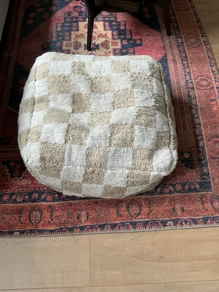 Poef van Wehkamp (Nous Living) beige en wit geblokt, Ophalen, Gebruikt, Vierkant, Minder dan 50 cm