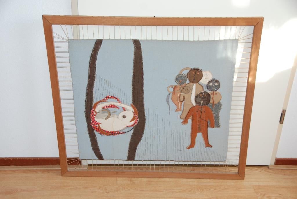 Retro wandkleed jaren 70 in houten frame geboorte vintage, Ophalen of Verzenden, Huis en Inrichting