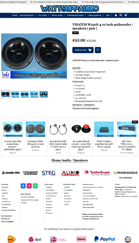 VISATON W250S-4 10 inch midwoofer / speakers ( set van 2 ), Overige merken, Gebruikt, ., Ophalen of Verzenden