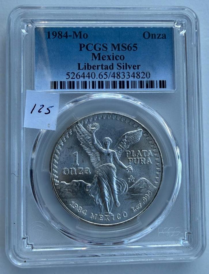 1984 Mexico Onza Libertad 1 oz Silver PCGS MS65 (48334820), Postzegels en Munten, Munten | Amerika, Losse munt, Midden-Amerika