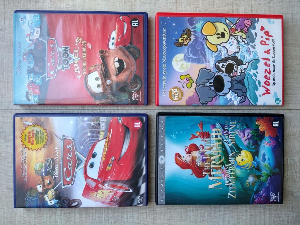 4 dvd's, Cars, Kleine Zeemeermin en Woezel en Pip., Cd's en Dvd's, Dvd's | Tekenfilms en Animatie, Alle leeftijden, Ophalen of Verzenden
