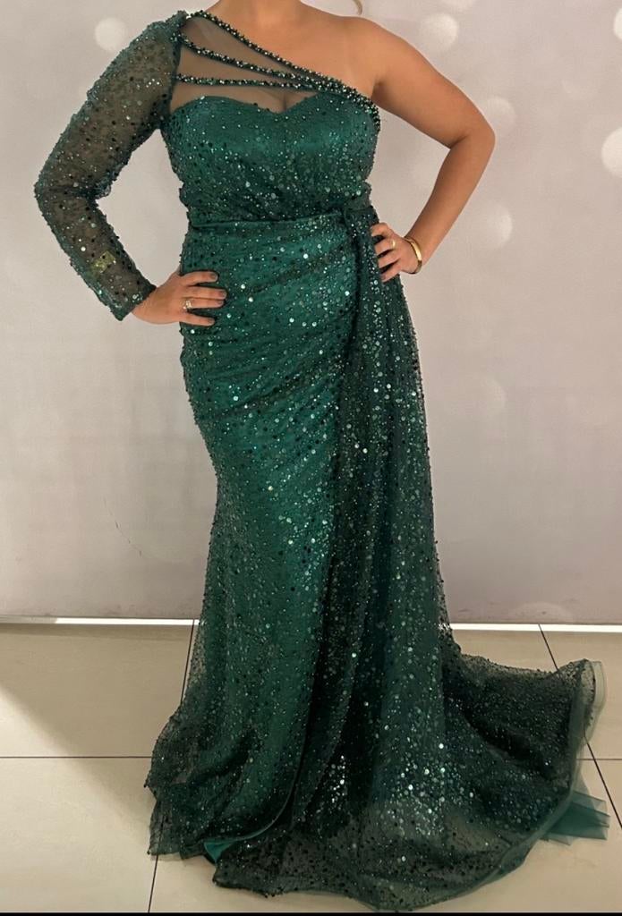 Prachtige smaragdgroene galajurk bijpassende handtasje, Ophalen of Verzenden, Zo goed als nieuw, Maat 38/40 (M)