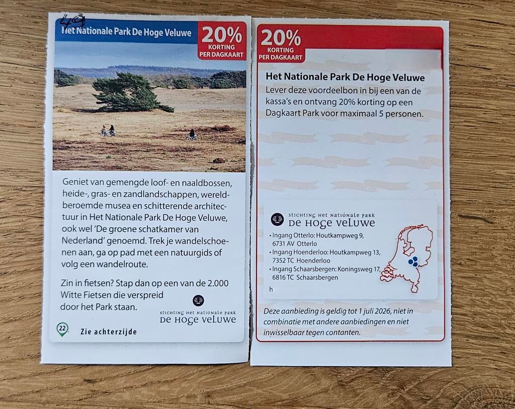 Het Nationale Park De Hoge Veluwe. 20% korting., Tickets en Kaartjes, Drie personen of meer, Kortingsbon