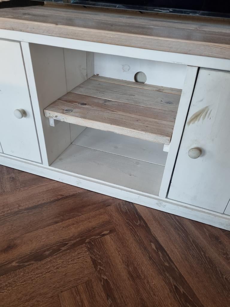 Landelijk TV-meubel wit met houten blad, Ophalen, Gebruikt, 150 tot 200 cm, Minder dan 100 cm