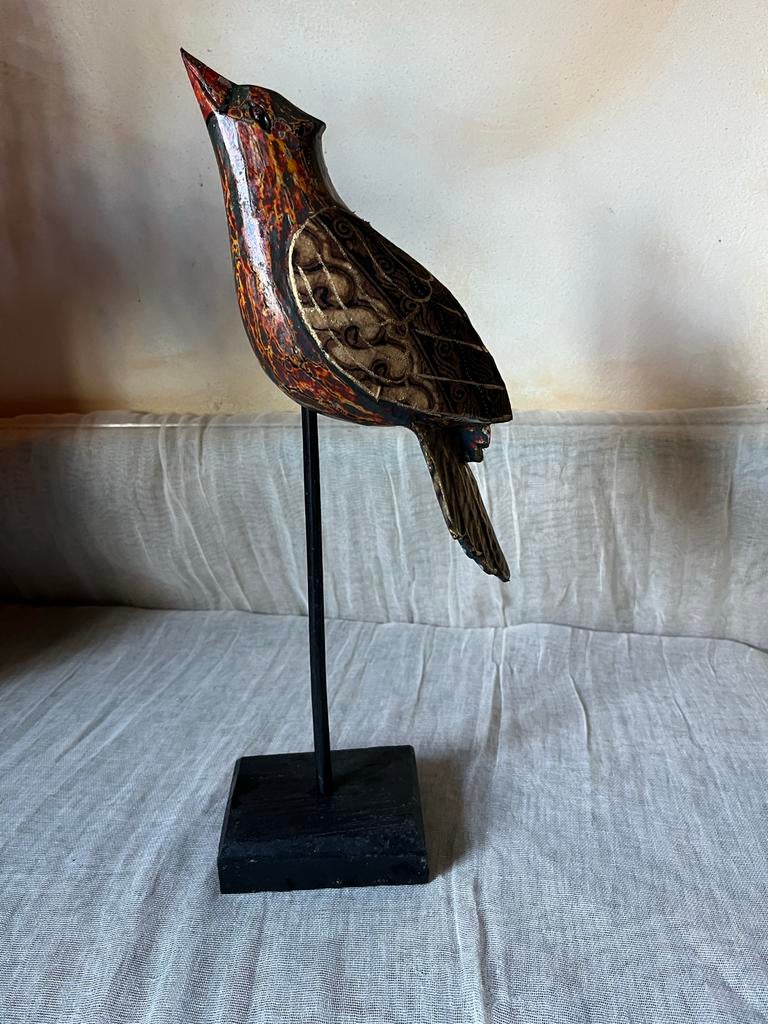 Decoratieve houten vogel op standaard - Handgeschilderd, Ophalen of Verzenden, Gebruikt