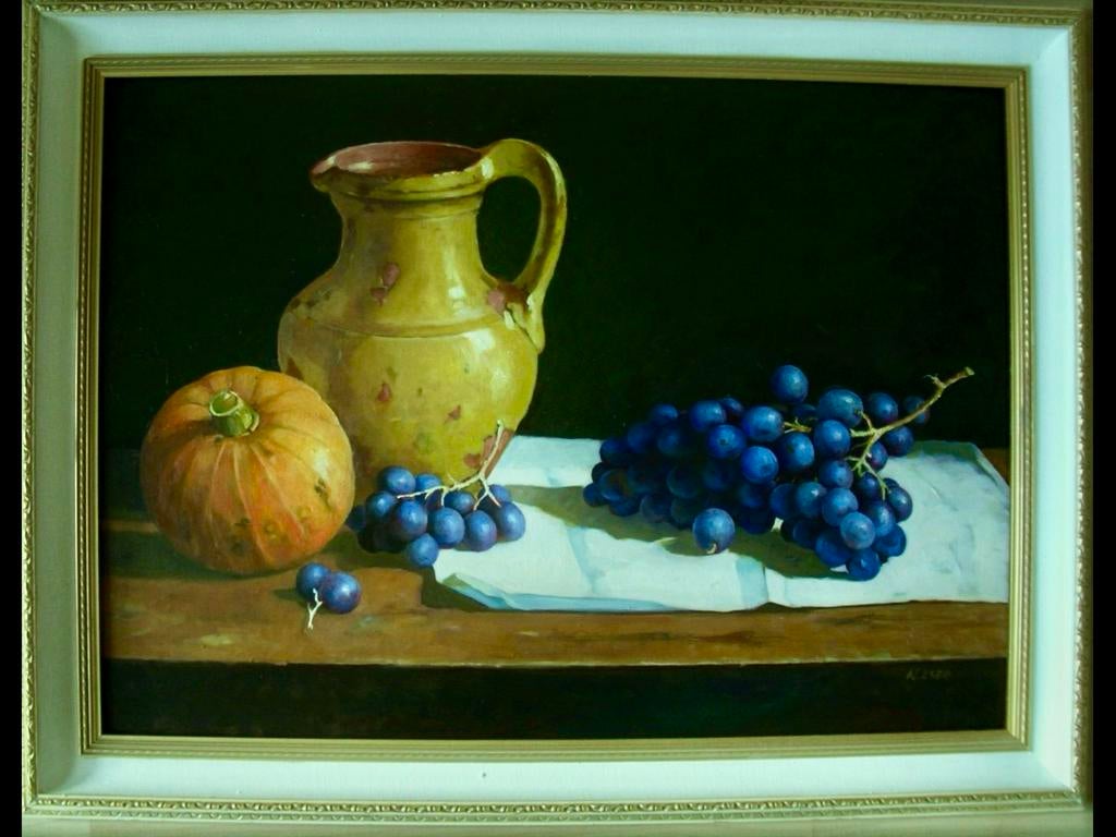 Stilleven met pompoen, kruik en druiven, Ophalen of Verzenden