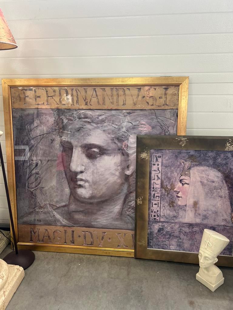 XL kunstwerk Romeins hoofd portret goud lijst, Antiek en Kunst, Ophalen of Verzenden