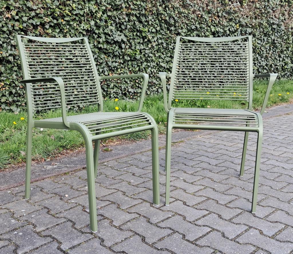 2 Apple Bee Hawaï dining stoelen groen, stapelbaar, Tuin en Terras, Ophalen, Zo goed als nieuw, Kunststof, Stapelbaar