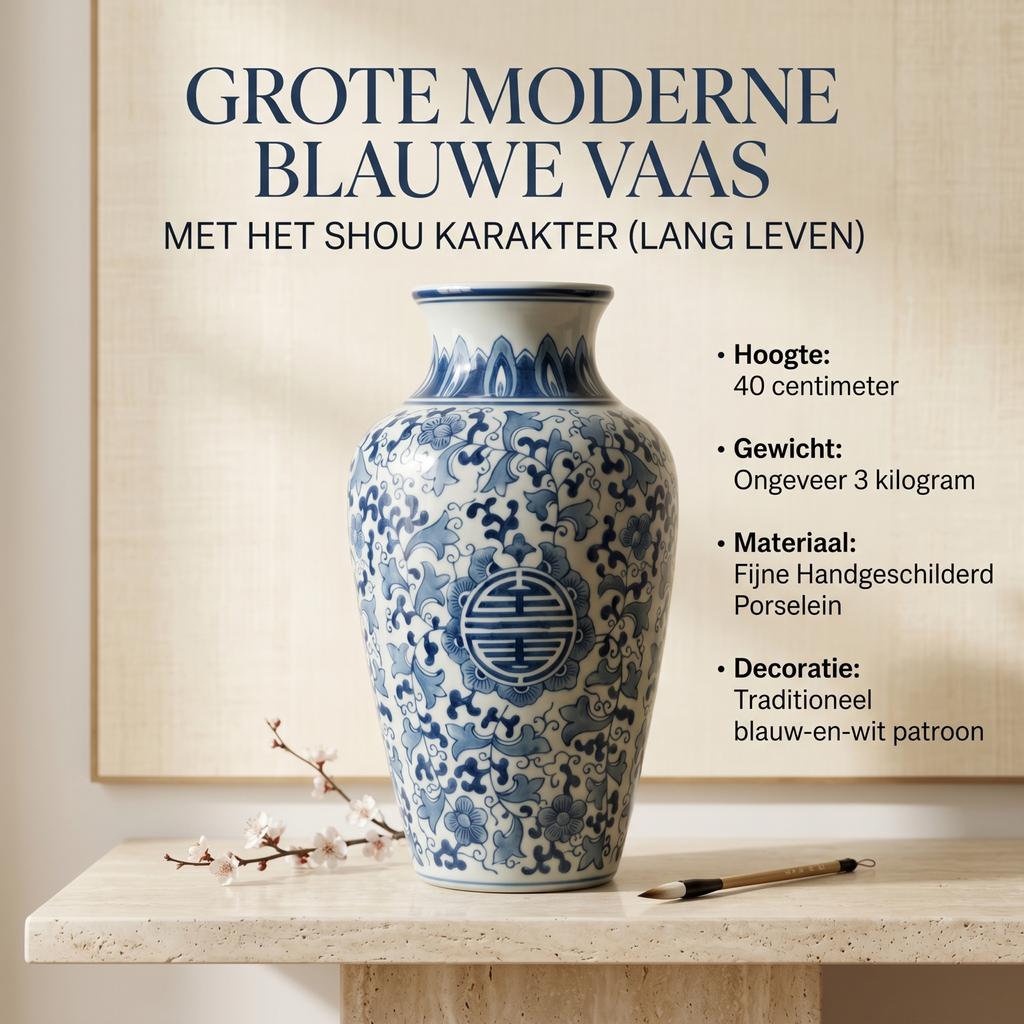Grote blauw-witte chinese vaas met Shou karakter, Antiek en Kunst, Ophalen of Verzenden