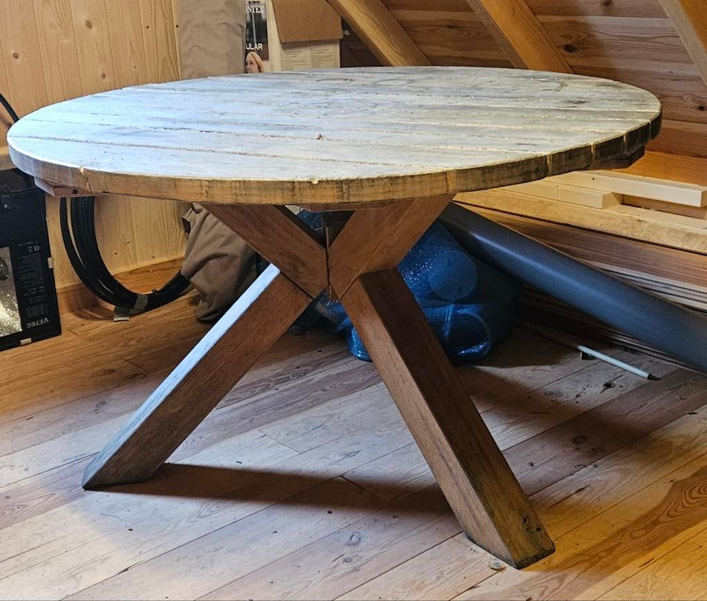 Ronde eiken tuintafel, diameter 125 cm, Tuin en Terras, Tuintafels, Ophalen, Gebruikt, Rond, Hout