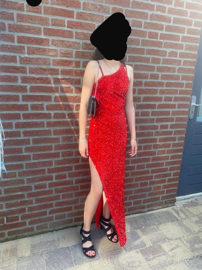 galajurk rood glitter, Kleding | Dames, Gelegenheidskleding, Zo goed als nieuw, Galajurk, Maat 36 (S), Rood, Ophalen