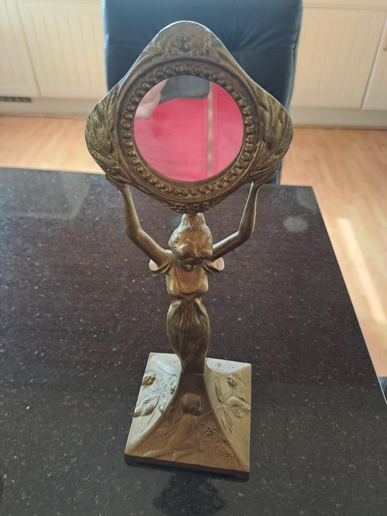 Art nouveau tafelspiegel, Antiek en Kunst, Antiek | Spiegels, Ophalen of Verzenden, Ovaal, Minder dan 50 cm