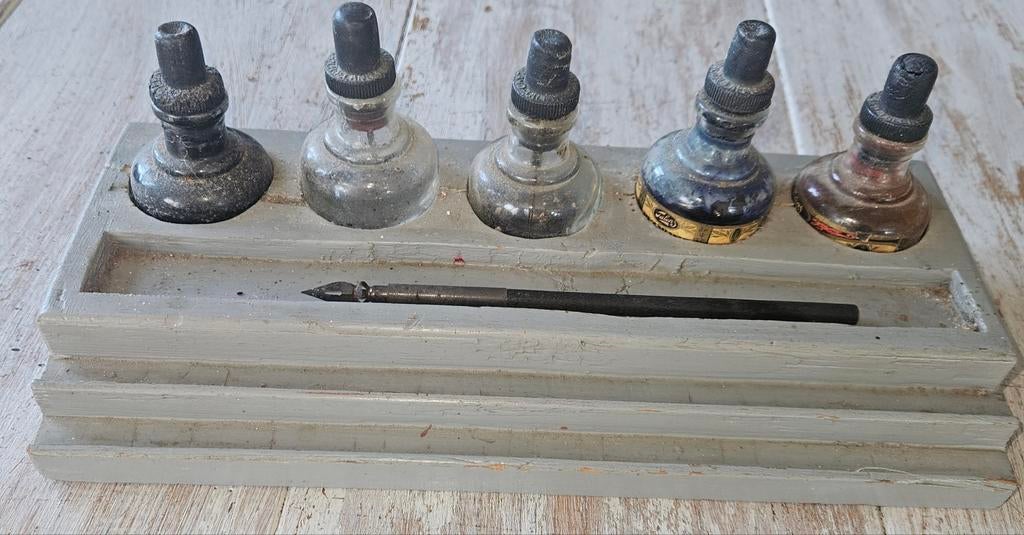 Antieke inktpotjes met houder en pen, Antiek en Kunst, Antiek | Kantoor en Zakelijk, Ophalen of Verzenden