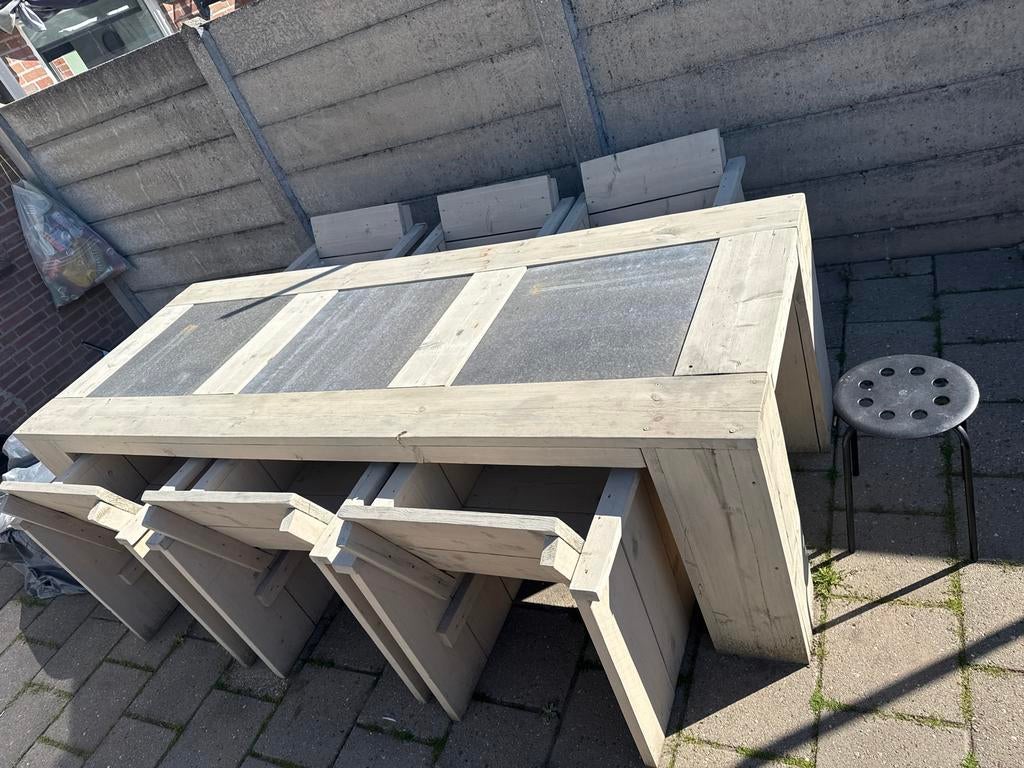 Steigerhout Tuinset met 6 Stoelen en Marmeren Blad, Gebruikt, Eettafel, 6 zitplaatsen, Steigerhout