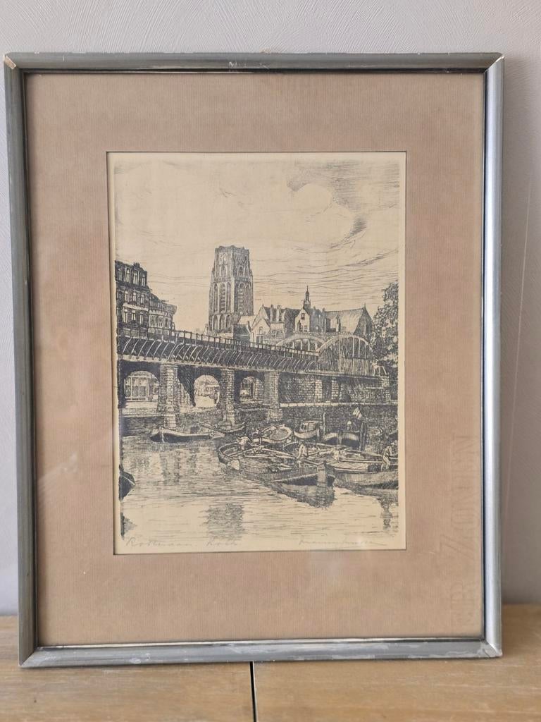 Rotterdam Kolk door Marius Johannes Janssen,1900-1944, Antiek en Kunst, Kunst | Etsen en Gravures, Ophalen of Verzenden