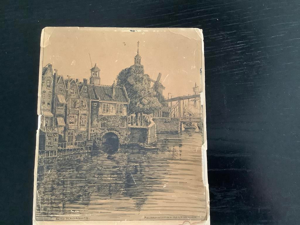Oude pentekening Eug. Rensburg - Aelbrechtskolk Delfshaven, Antiek en Kunst, Kunst | Tekeningen en Foto's, Ophalen