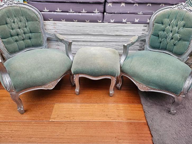 Barok kindersetje met Turquoise velours stof, Huis en Inrichting, Banken | Sofa's en Chaises Longues, Gebruikt, Tweepersoons, Minder dan 150 cm
