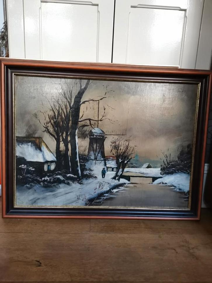 Antiek schilderij winterlandschap met molen, Antiek en Kunst, Kunst | Schilderijen | Klassiek, Ophalen
