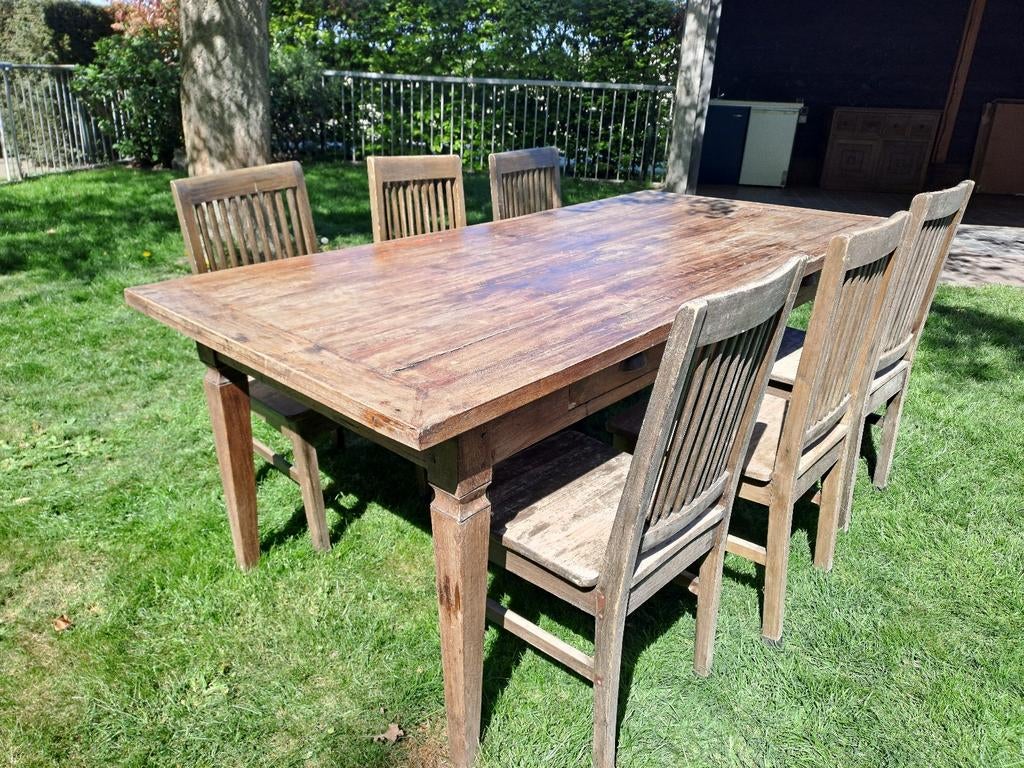 Tafel met 6 stoelen, authentiek met houtverbindingen, Ophalen, Gebruikt, Eikenhout