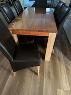 Teak houten eettafel met 6 bruin leren stoelen, Ophalen, Teakhout, 50 tot 100 cm, Zo goed als nieuw