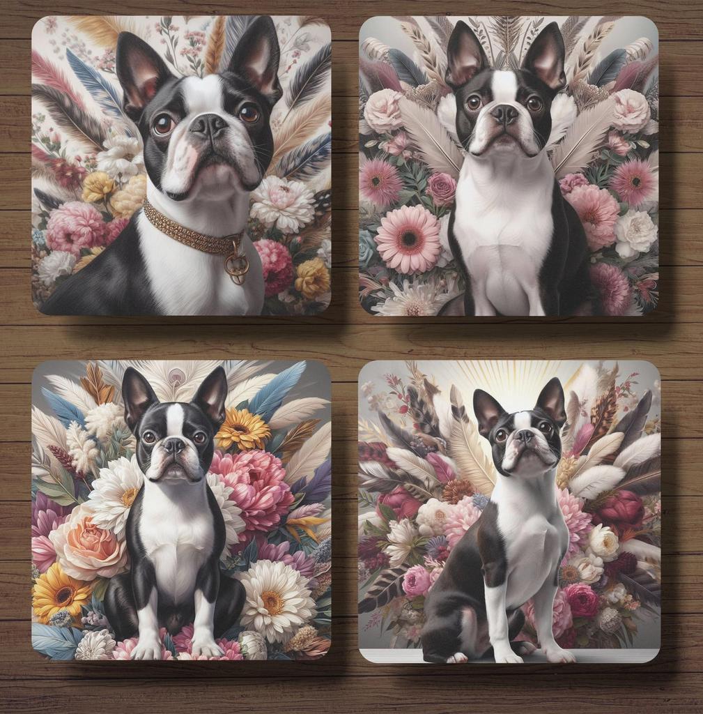 Boston Terriër Barok stijl onderzetters met houder, Ophalen of Verzenden, Nieuw, Glas of Kopje