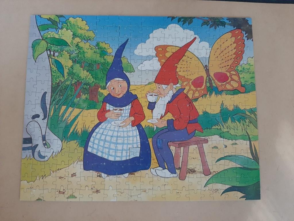 Vintage Van Nelle Kinderpuzzel Piggelmee en zijn Vrouwtje, Ophalen of Verzenden, Minder dan 500 stukjes, Gebruikt, Legpuzzel