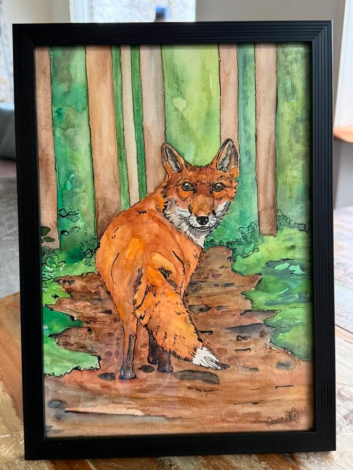 Kunst /Aquarel schilderij Vos, Antiek en Kunst, Kunst | Schilderijen | Klassiek, Ophalen of Verzenden