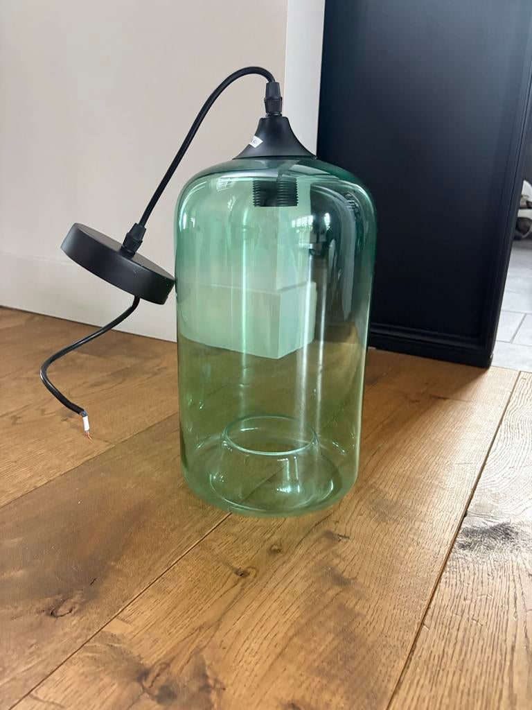 Groen blauwe glazen hanglamp, Huis en Inrichting, Lampen | Hanglampen, Ophalen, Gebruikt, Glas, 50 tot 75 cm