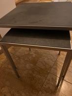 2 Rvs bijzettafels met natuursteen blad, Huis en Inrichting, Tafels | Bijzettafels, Ophalen, Vierkant, Zo goed als nieuw, Overige materialen