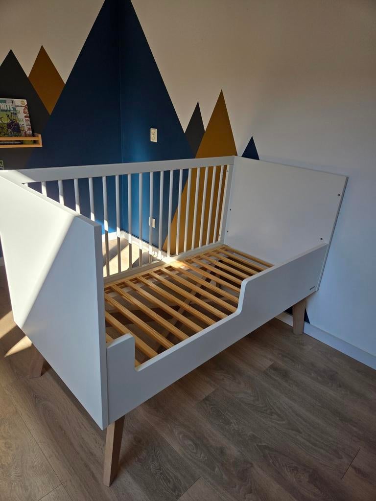 Kidsmill Sixties ledikant - Wit Mat / Naturel 70x140cm, Gebruikt, 70 tot 85 cm, 140 tot 160 cm, Ophalen