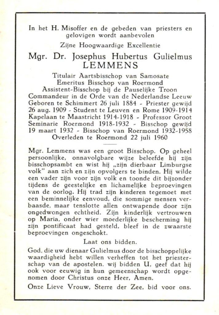 Lemmens Josephus H.G. Mgr. Dr. Schimmert 1884-1960 Roermond, Ophalen of Verzenden