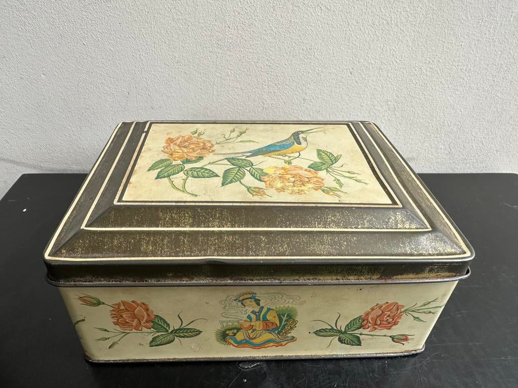 Antiek Niemeijer thee blik Bloem Vogel decor, Ophalen of Verzenden, Gebruikt, Overige