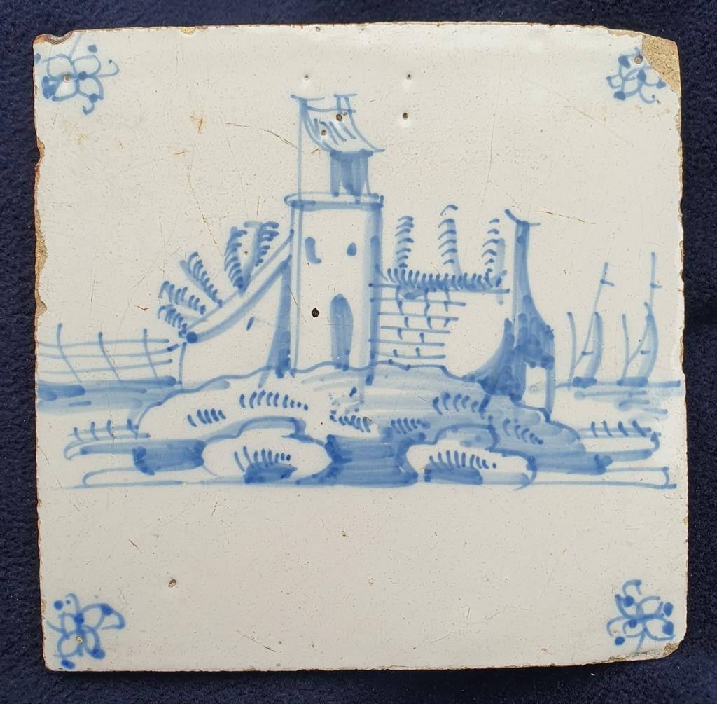 Antieke Delfts blauwe tegel met landschap, Ophalen of Verzenden