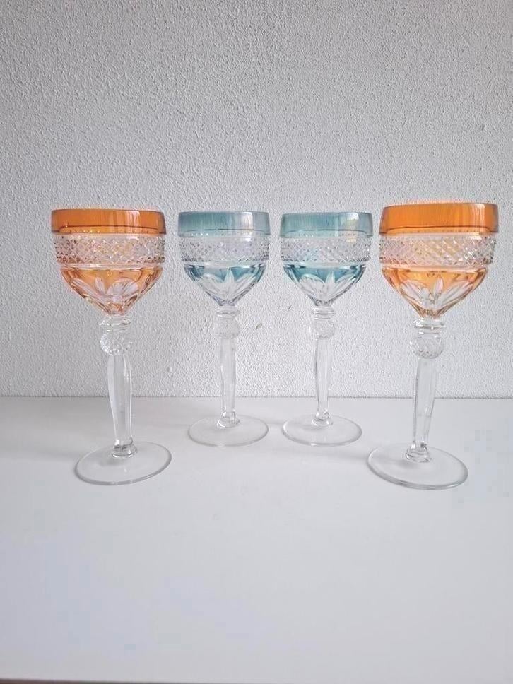 Set van 4 zware kristallen glazen met gekleurde overlay, Ophalen of Verzenden