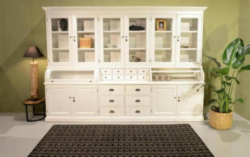 Grote witte buffetkast met vitrines en lades 300 cm, Ophalen, Gebruikt, 200 cm of meer, Met lade(s)