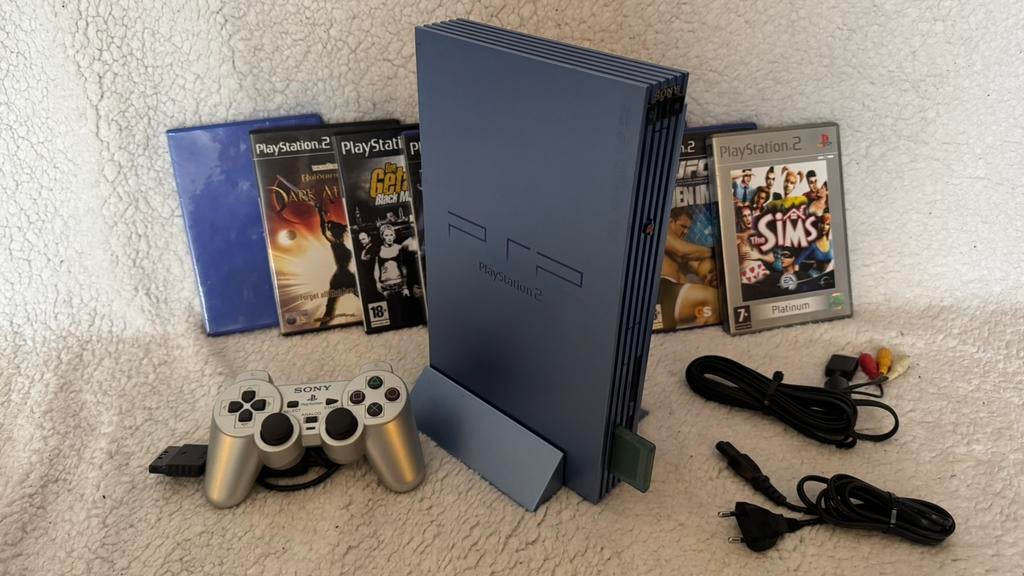 Sony Playstation 2 Aqua Blue + Games en Controller, Gebruikt, Blauw, Phat, Met games