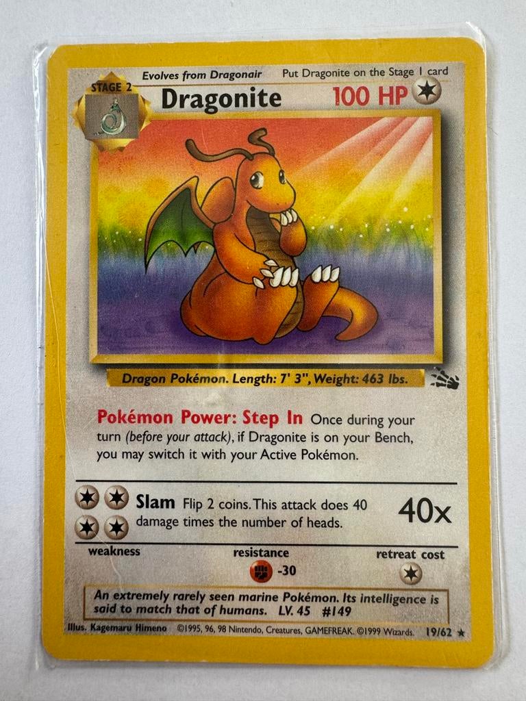 Pokémon Kaart Dragonite 19/62 Holo Fossil Set 1999, Ophalen of Verzenden, Gebruikt, Losse kaart, Foil