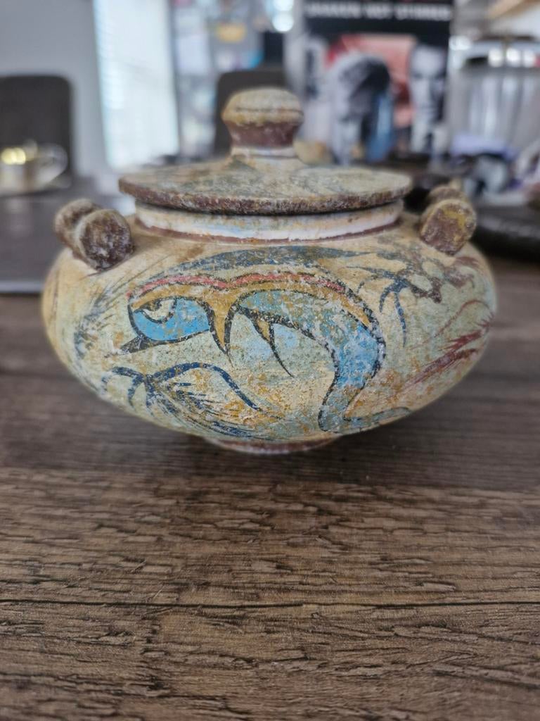 Keramieken potje met vissen na oud grieks voorbeeld., Ophalen of Verzenden