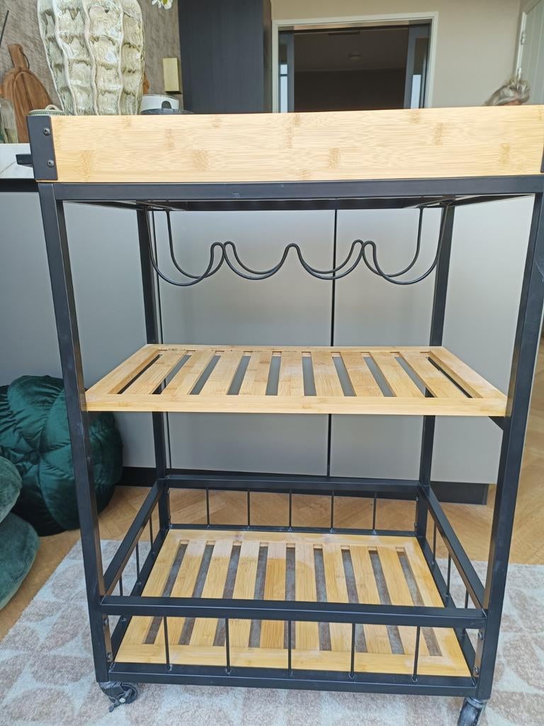Industriële serveerwagen met bamboe en wijnrek, Ophalen, Zo goed als nieuw