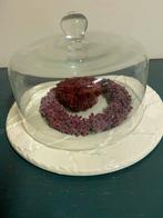 Grote platte schaal met glazen stolp, Gebruikt, Porselein of Keramiek, Schaal, Rond