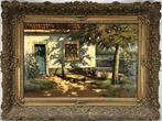 324. Olieverfschilderij - realisme, boerenerf, Antiek en Kunst, Kunst | Schilderijen | Klassiek, Ophalen of Verzenden