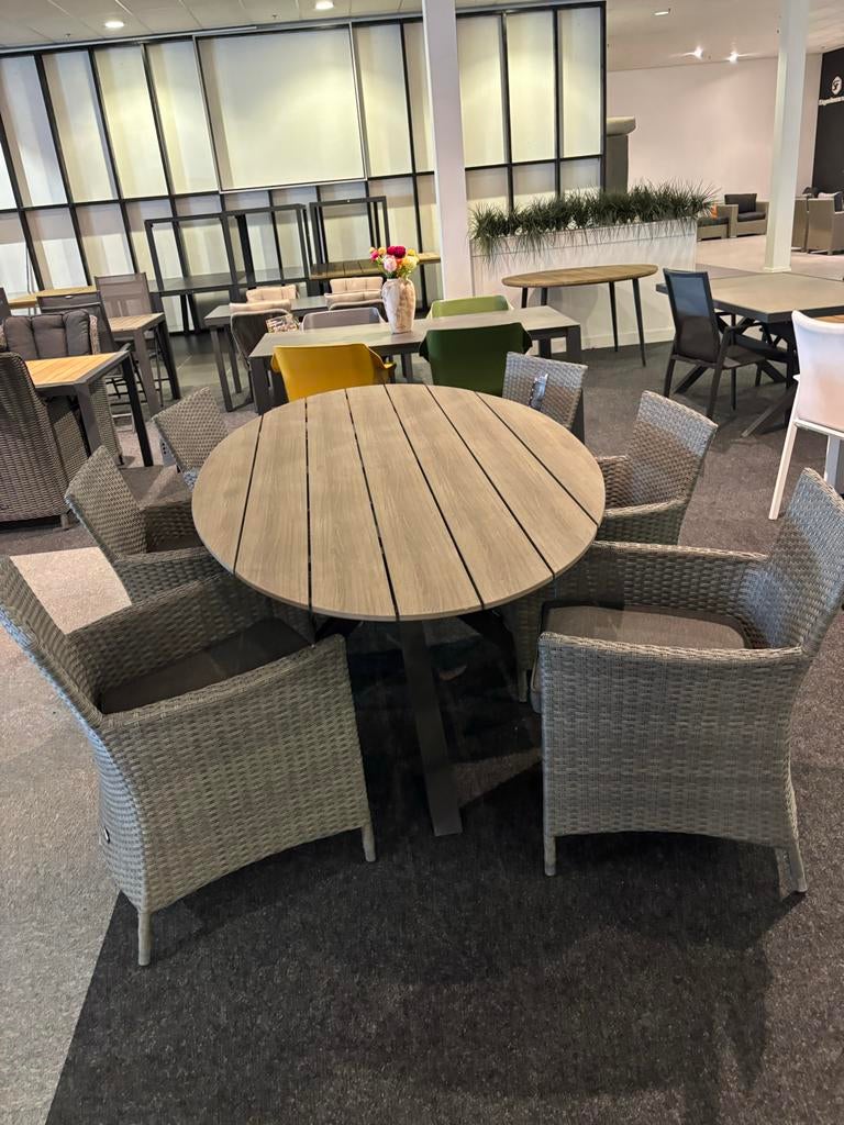 Luxe Tuinset: Aluminium Polywood Tafel met Wicker Stoelen, Tuin en Terras, Tuinsets en Loungesets, Eettafel, 6 zitplaatsen, Aluminium