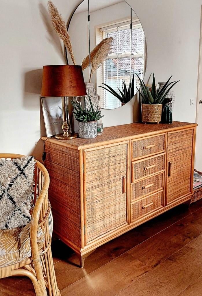 Vintage Italiaans rotan dressoir, Ophalen, Gebruikt, 150 tot 200 cm, Rotan,  ibiza,  boho, vintage