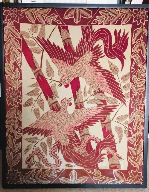 Batik ingelijst; 2 Paradijsvogels, Antiek en Kunst, Kunst | Schilderijen | Klassiek, Ophalen