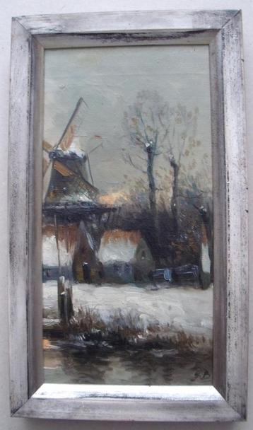 20e eeuw - Winters Molengezicht - olieverf maroufle -  beschikbaar voor biedingen