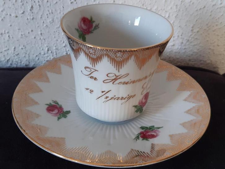 Kop en schotel,,"Ter herinnering aan 12.5 jr echtvereniging", Antiek en Kunst, Curiosa en Brocante, Ophalen of Verzenden
