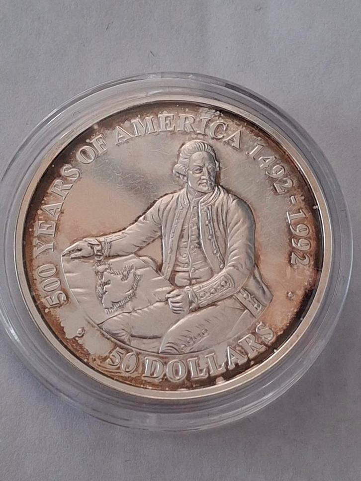 Cook Islands $50 Zilveren Munt 1989 - 500 Jaar Amerika, Postzegels en Munten, Munten | Oceanië, Losse munt, Zilver, Ophalen of Verzenden