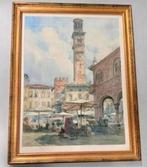 Antiek Louis Laurent Raze 1805-1873 Piazza delle Erbe italy, Antiek en Kunst, Kunst | Schilderijen | Klassiek, Ophalen of Verzenden