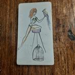 Rechthoekig vintage wandbordje meisje op kruk met papagaai, Antiek en Kunst, Ophalen of Verzenden